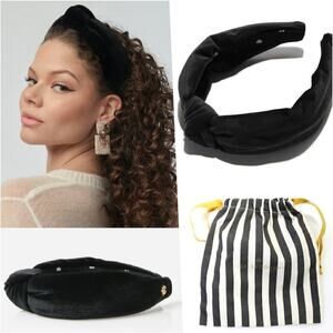 Lele Sadoughi Jet Black Velvet Knotted Headband Gold Logo NWT